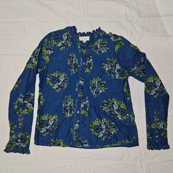 Lucky Brand Blouse Women’s XS Blue Floral Lace Trim Long Sleeve Boho Top Cottage - Picture 2 of 8